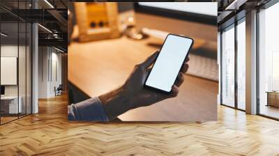 Phone screen, mockup and office hands working at night on mobile app, ux design or space for product placement. Website, social media and online business person on smartphone technology mock up Wall mural