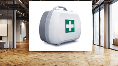 First aid kit with green cross logo on white background, diagonal view Wall mural