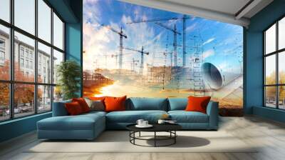 architectural and home construction project. Architect and blueprint concept. Engineering and architecture design background Wall mural