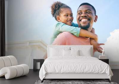 Mockup, piggy back and black father with girl, outside new house and playful family with love and happiness. African American dad carry daughter, happy child and kid with smile, fun and cheerful Wall mural