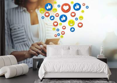 Hands, social media icon or woman with phone for communication, texting or online dating chat. Post, overlay or girl on mobile app website or digital network with happy, like or heart emoji closeup Wall mural