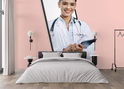 Woman, doctor and tablet on mockup screen for healthcare,, advertising or marketing against a studio background. Portrait of happy female medical expert smile with touchscreen from smartphone display Wall mural