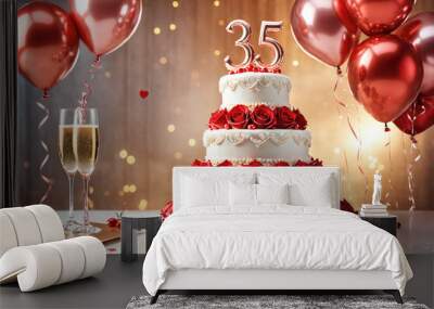 35th wedding anniversary celebration. Wedding cake, champagne and bouquet of rose flower. Romantic background.
 Wall mural