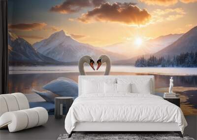 swans lover in an ice lake. romantic valentine background. Wall mural