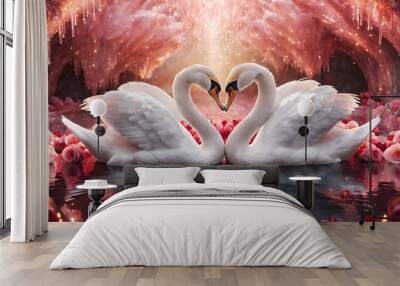 Swans lover in pink crystal cave. Romantic valentine background. A fantastic, dreamy scenery. Wedding card. Wall mural