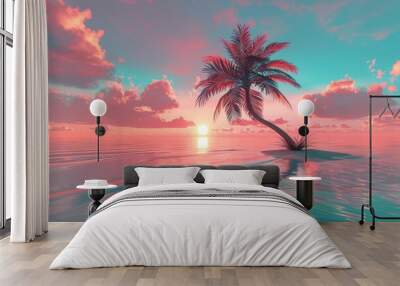 Palm Tree in the Middle of an Ocean at Sunset Wall mural