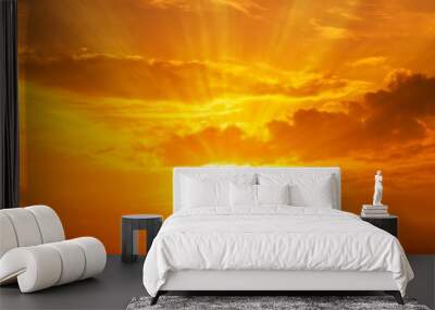 background  panorama scenic of the strong sunrise with silver lining and cloud on the orange sky Wall mural