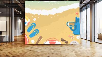 Banner of sand and sea water from top view with summer vacation elements like diving mask, flip flops, ukulele, rubber ring, sunglasses, beach ball, sunscreen lotion, hat, shells and starfishes Wall mural