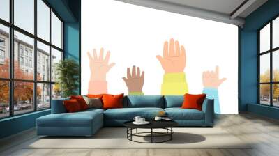 Hands of diverse kids with colorful sleeves raising and showing palms of the hands in flat design vector Wall mural