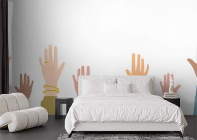 Hands of diverse people with colorful sleeves raising and showing palm of the hands in flat design Wall mural