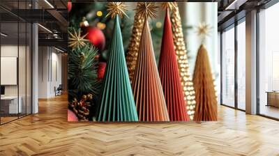 Elegant forest of geometric wooden Christmas trees with warm lights, decorated with red balls and pine cones. Wall mural