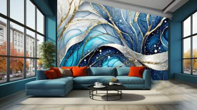 Abstract art with blue, turquoise, white and grey mixes swirls, waves, silver and gold glittering veins and shiny small splashes. Modern and luxury wavy wall or surface stone and gemstones texture. Wall mural