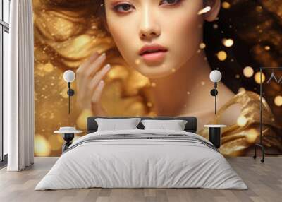 Beautiful sexy young japanese, korean or chinese asian woman with high gloss gold glittering dress, in glitter fantasy, celebrity, luxury premium style on golden shiny sparkling dark brown background. Wall mural