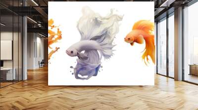 Colorful siamese fighting betta fishes multicolor watercolor painting art, splashing brush strokes paint, organic silky flowing shapes, fluid ink textures and abstraction style on white background. 	 Wall mural