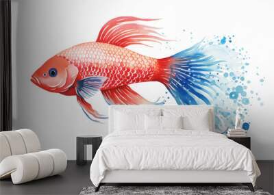 Colorful tropical siamese fighting betta fish with bubbles multicolor watercolor painting art with red and blue flowing brush strokes paint and ink on white background.  Wall mural