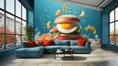 Healthy multi-decker burger with egg, lettuce, celery, tomato, fish and fruits. Refreshing and delicious low fat food with floating ingredients and water splash on blue background. Generative AI. Wall mural