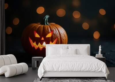 Minimalist festive halloween scene with glowing orange jack-o'-lantern pumpkin with candle on black textured surface or floor on dark night with bokeh lights background. Wall mural