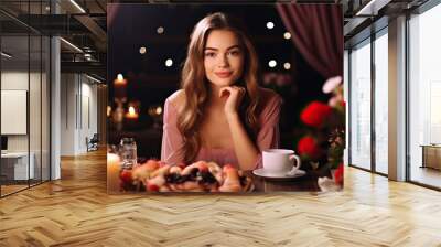 Sexy and beautiful young woman smiling looking at camera sitting at table in romantic restaurant. Youtuber, streamer, influencer recording Mukbang or ASMR content at night. Eating show broadcast.	 Wall mural