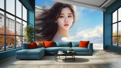 Young asian woman with long brown hair blown by wind, transparent silky clothes on spring summer day, blue sky with clouds. Beautiful angelical chinese, korean or japanese girl outdoors.  Wall mural