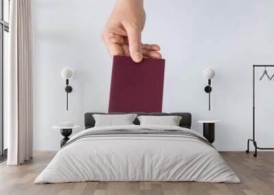 Hand holding a red passport with a blank cover and the biometric symbol on a white background Wall mural