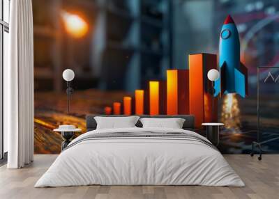 3D illustration of rocket launch over financial graph Wall mural