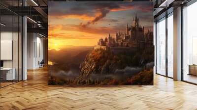 A castle on top of a mountain with a sunset in the background Wall mural