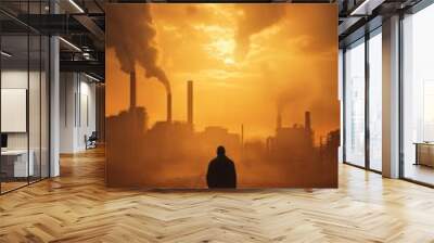 A man standing in front of a factory at sunset Wall mural