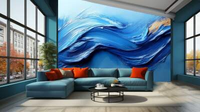 Abstract blue and gold wave painting on canvas, modern art concept Wall mural