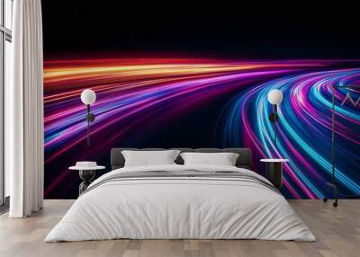 Abstract neon light trails on dark background, futuristic technology concept Wall mural