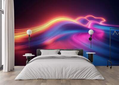 Abstract neon light waves on dark background, futuristic digital art concept Wall mural