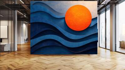 Blue abstract waves with orange sun on textured background Wall mural