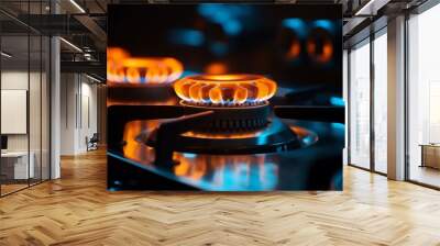 Blue flames dance on gas stove. Generative ai Wall mural