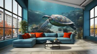 Calm sea turtle swimming amongst the coral reefs just under the surface, sunlight breaking through the waves - Generative AI Wall mural