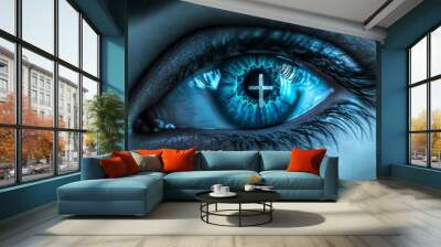 Close-up of a blue eye with a digital cross reflection, technology and vision concept Wall mural