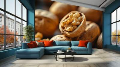 Close-up of cracked walnut among whole walnuts Wall mural