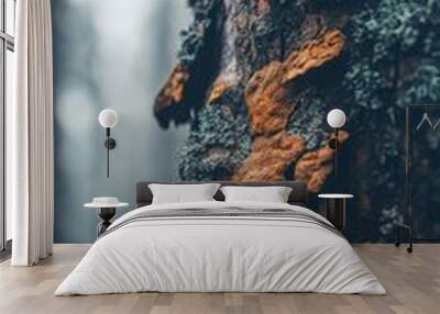 Close-up of tree bark with moss and lichens in a misty forest, nature texture concept Wall mural