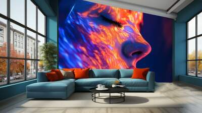 Close-up of woman's face with colorful light projections Wall mural