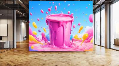 Colorful abstract splash with pink bucket, vibrant paint drops. Creativity and imagination concept Wall mural