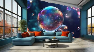 Colorful soap bubbles floating in dark background Wall mural