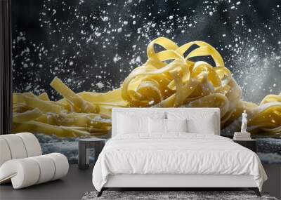 Freshly made pasta with flour dusting, close-up view. Italian cuisine and culinary art concept Wall mural