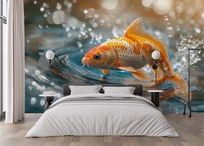 Goldfish swimming in clear water with splashes Wall mural