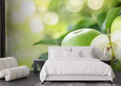 Green apples with leaves in sunlight, close-up. Fresh and healthy food concept Wall mural