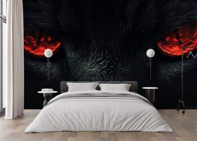 Intense red eyes of a black cat in darkness Wall mural