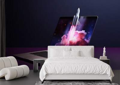 Laptop and rocket illustration, purple background. Generative AI Wall mural