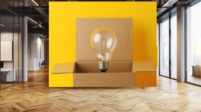 Light bulb in an open cardboard box against a bright yellow background, creative concept Wall mural