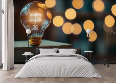 Light bulb on stack of books with bokeh lights, cozy reading concept Wall mural