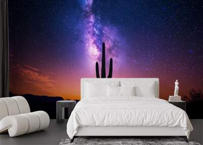 Lone cactus under milky way in desert night sky, celestial wonder. Nature and astronomy concept Wall mural