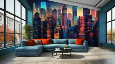 Nighttime cityscape painting showcasing the vibrant lights and architectural beauty of an urban skyline Wall mural