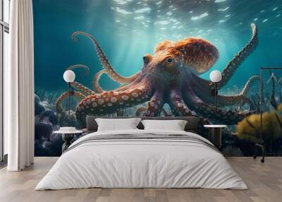 Octopus in Colorful Coral Reef Habitat, Generative AI Wall mural