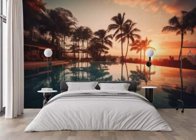 Palm trees and swimming pool at tropical resort beach. Generative ai Wall mural